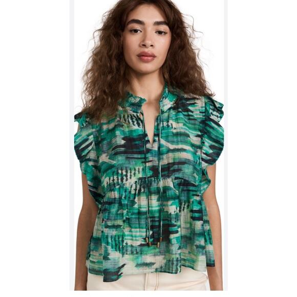 $295 Chufy Gone Jammin Ellis Green Shirred Flutter-Sleeve Blouse Top Size XS - Picture 1 of 7